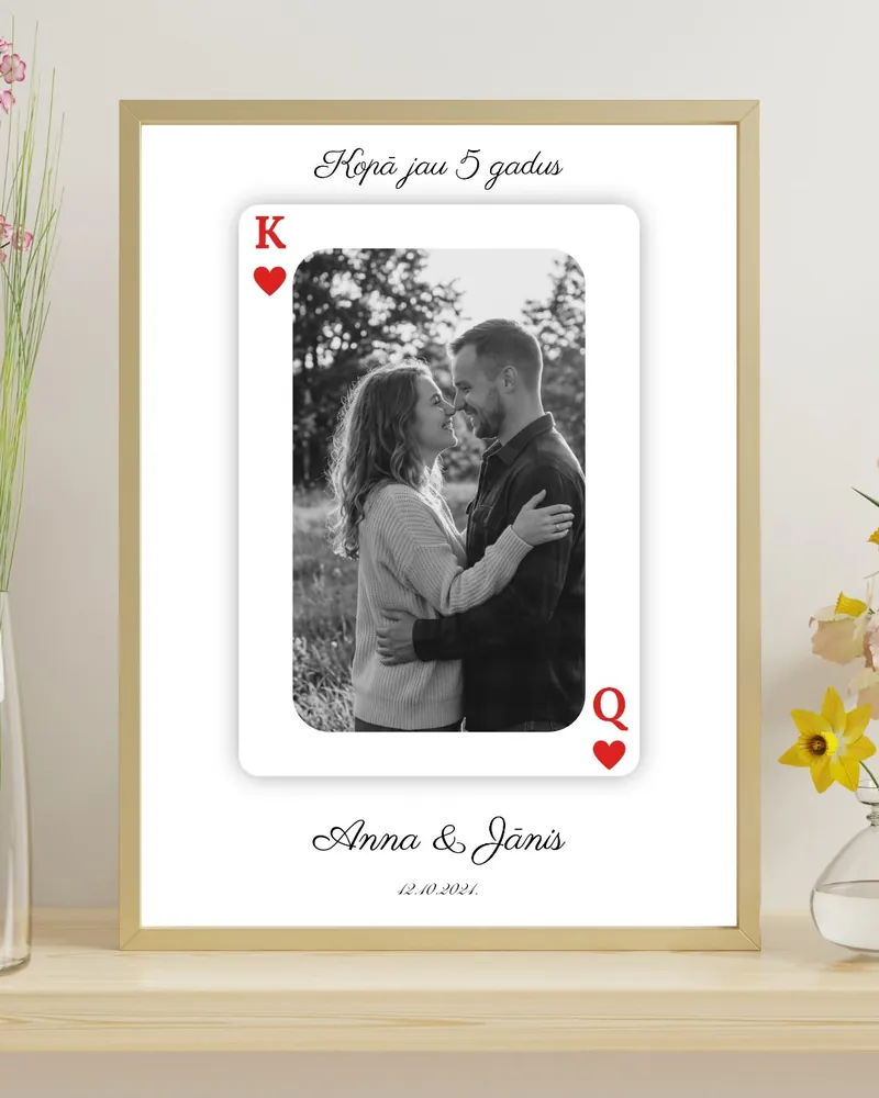 King & Queen plakāts ar pāra foto, vārdiem un datumu zelta rāmī